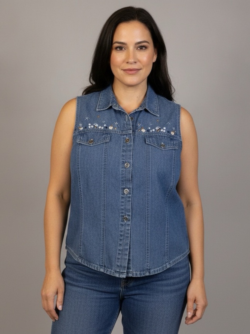 Vintage Embroidered Denim Vest Floral Button Front - Picture 2 of 2